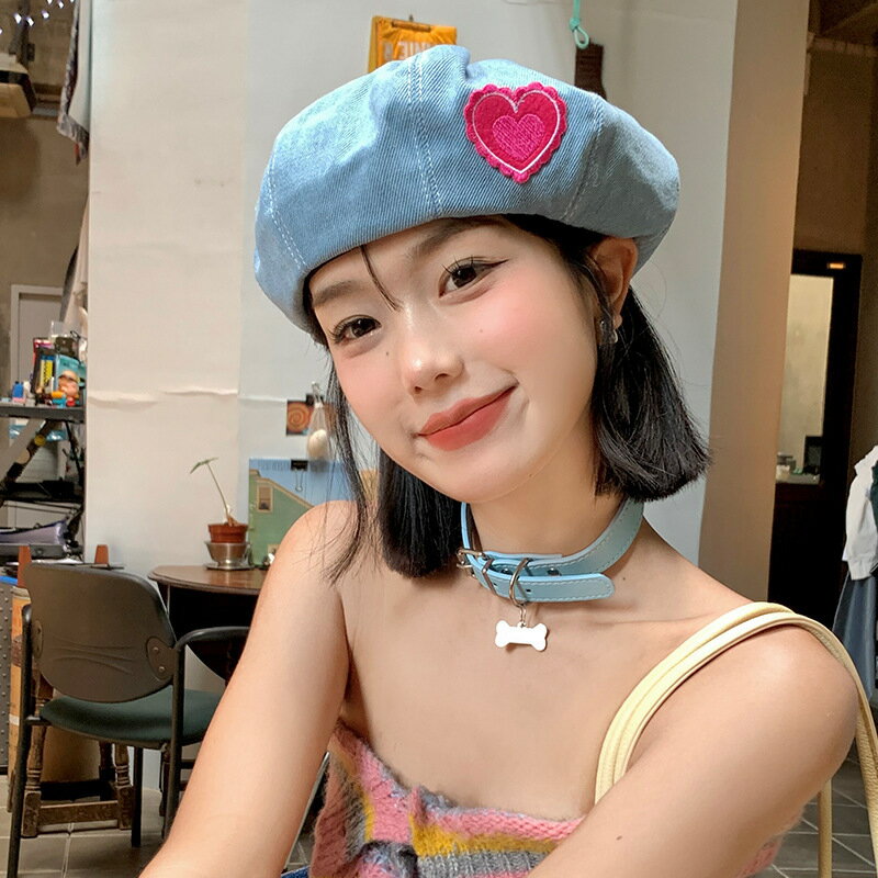 愛心牛仔貝雷帽女春夏季韓版顯臉小百搭蓓蕾畫家帽日系大頭圍帽子