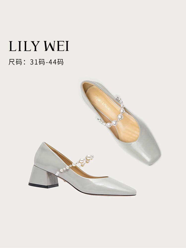 Lily Wei【珠淚】溫柔珍珠高跟鞋粗跟淺口單鞋大碼仙女瑪麗珍鞋