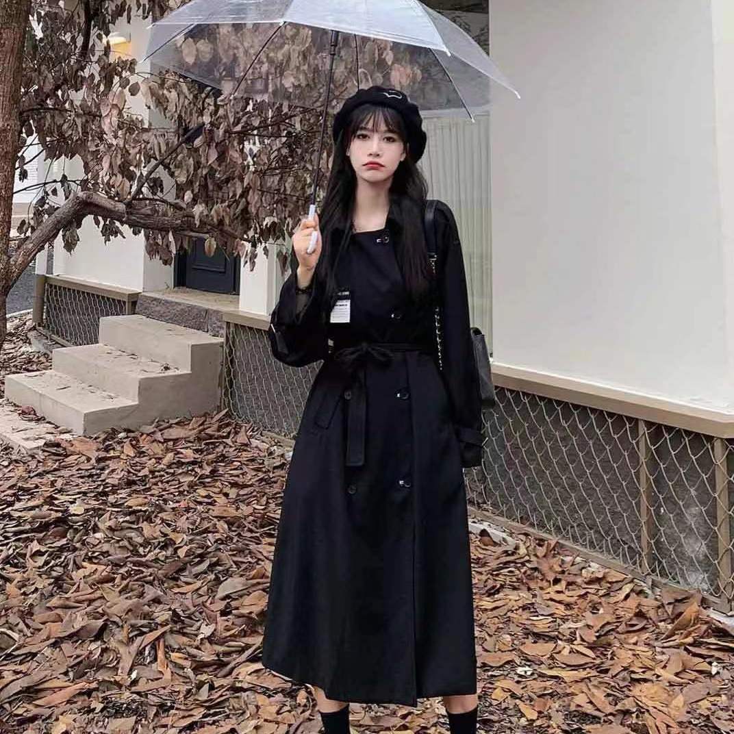 新款秋冬洋氣網紅黑色風衣外套女韓版長款大衣高級感女裝外套