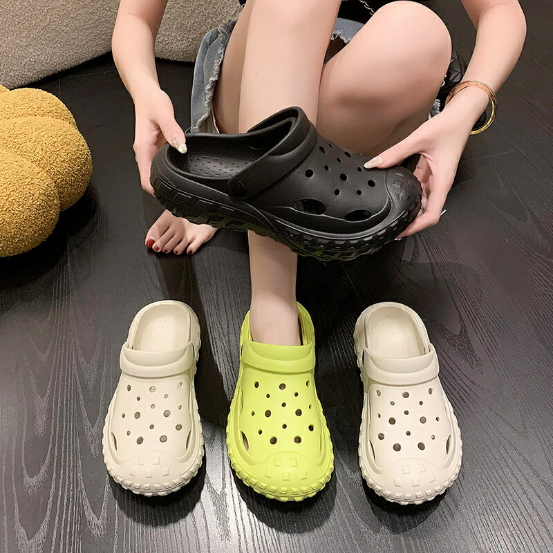 輪胎洞洞鞋女2024新款潮夏季厚底增高防滑時裝上班沙灘包頭拖涼鞋