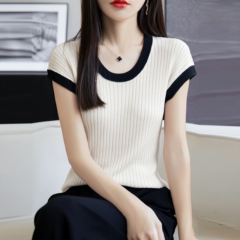 現貨+預購 針織衫短袖毛衣-修身天絲滾邊T恤女上衣3色74lc55【獨家進口】【米蘭精品】