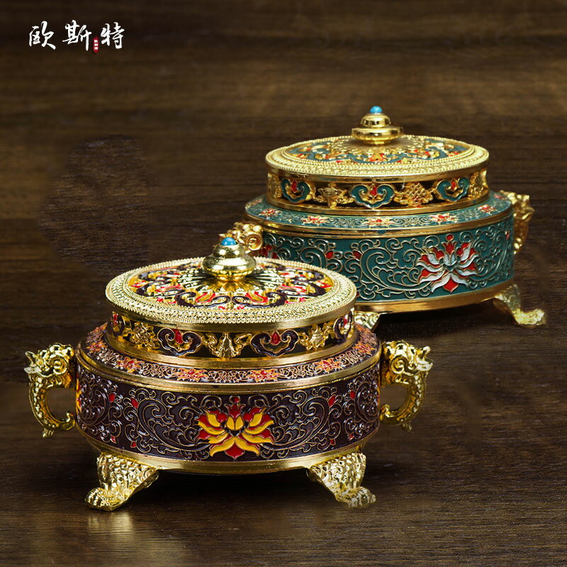 供佛盤香爐 佛教用品景泰藍琺瑯彩繪蓮花薰香爐 八吉祥純銅香爐