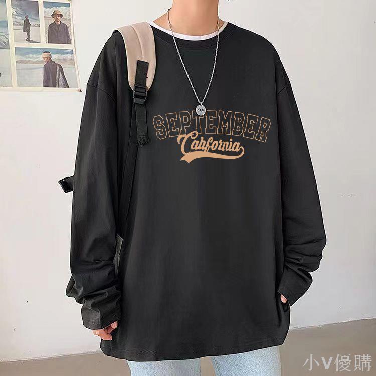 100%純棉長袖t恤男美式復古寬松大碼港風秋季打底衫ins潮上衣男