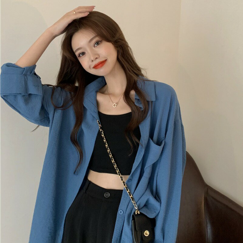韓版2022年新款薄款藍色襯衫夏季上衣女設計感小眾百搭長袖外套潮