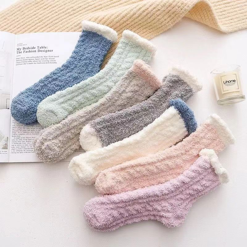 襪子女珊瑚絨中筒襪秋冬季加絨加厚保暖不掉毛家居地板睡眠月子襪