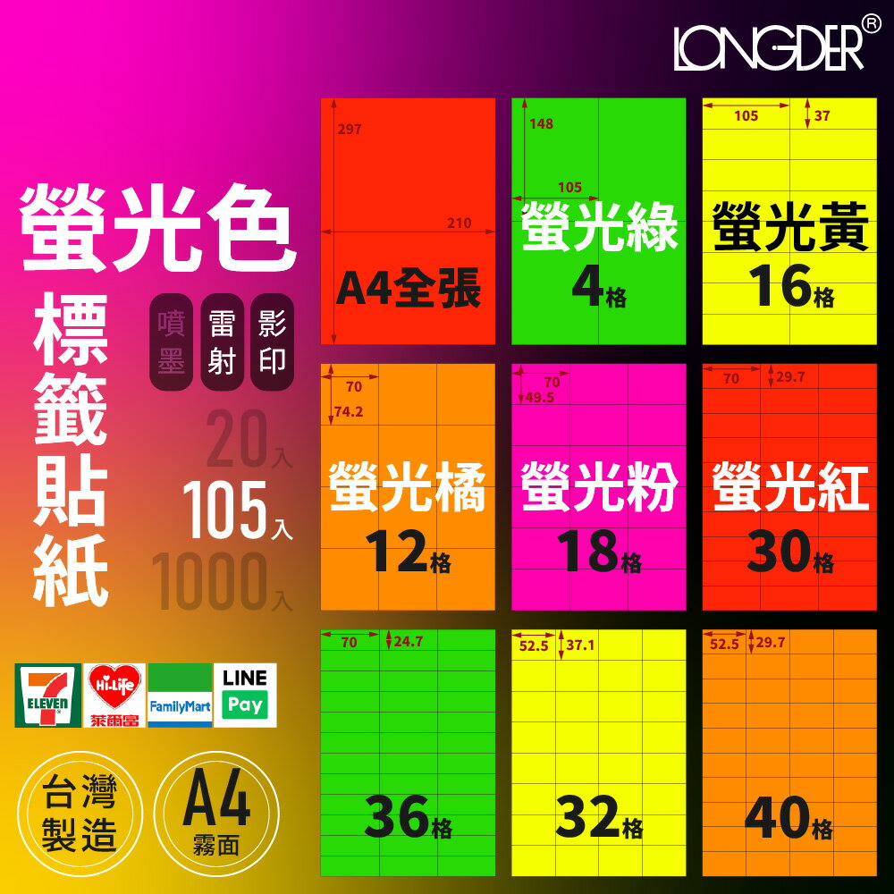 下單請備註顏色【A4螢光色標籤貼紙 105入】龍德電腦標籤 適用雷射/影印 碳粉 臺灣製 標籤紙 警示貼紙 螢光貼紙