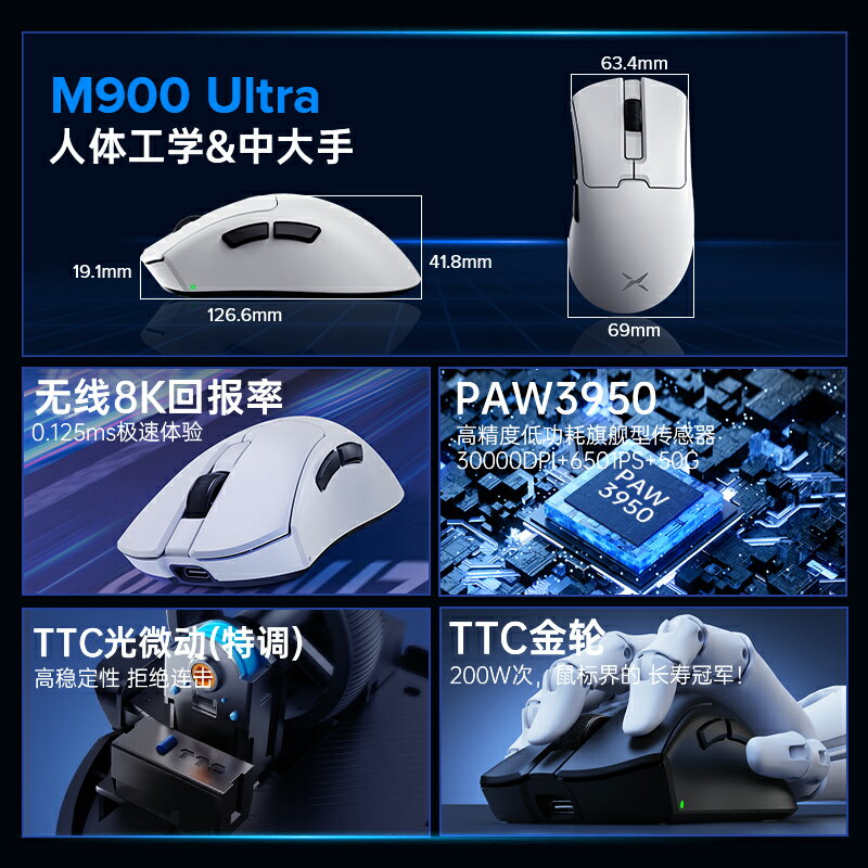 多彩M900pro有線雙模電競遊戲滑鼠3395超輕量化fps人體工學鼠