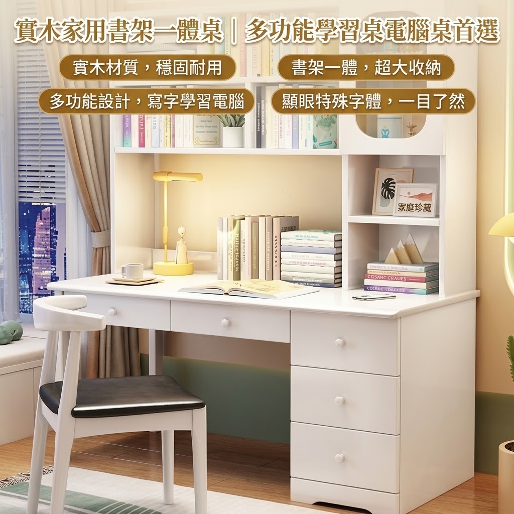 實木家用書架一體桌中學生多功能學習桌初中生書桌寫字書櫃電腦桌myg7211