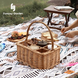 Fantasy Garden夢花園六宮格多功能野餐籃戶外露營藤編手提收納框