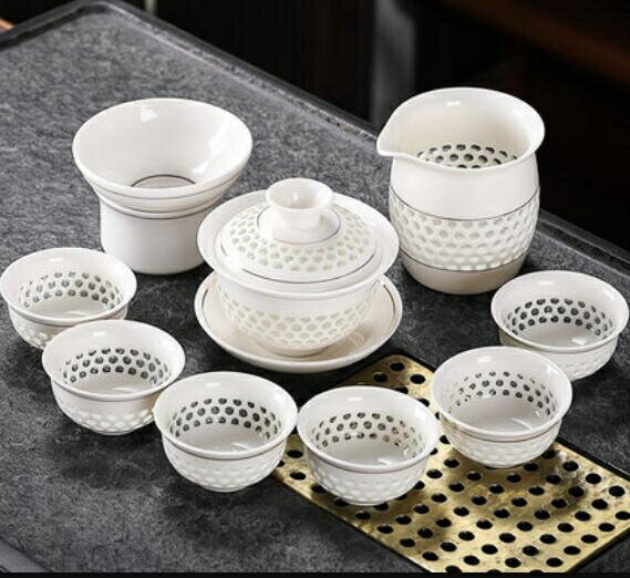 茶具 玲瓏蜂窩鏤空蓋碗茶具套裝家用簡約現代功夫小茶壺辦公泡茶杯陶瓷