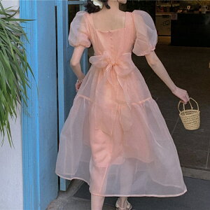 歐根紗泡泡袖連身裙女夏季粉色公主裙氣質溫柔高級長裙子洋裝