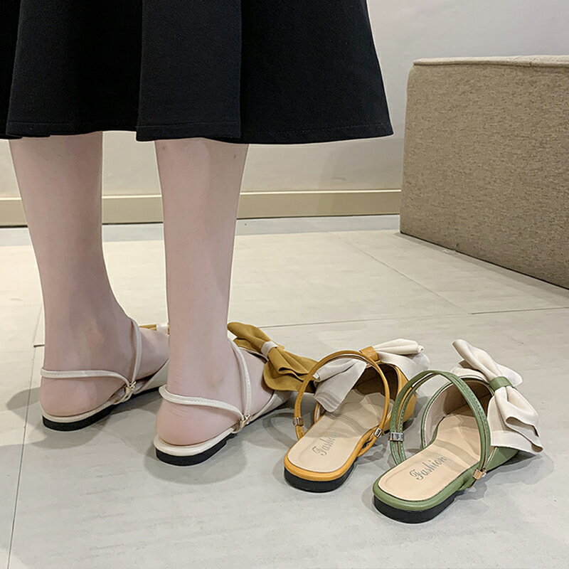 包頭涼鞋女夏季新款時尚仙女法式尖頭涼拖鞋蝴蝶結平底單鞋