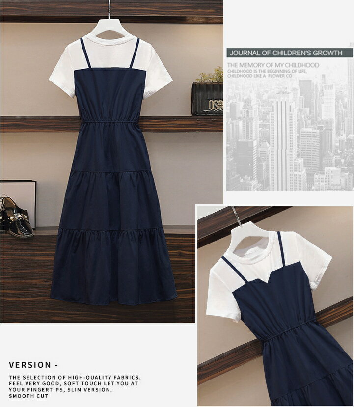 韓系恬靜．吊帶假兩件拼接收腰顯瘦短袖洋裝- shiny藍格子【V3300】 4