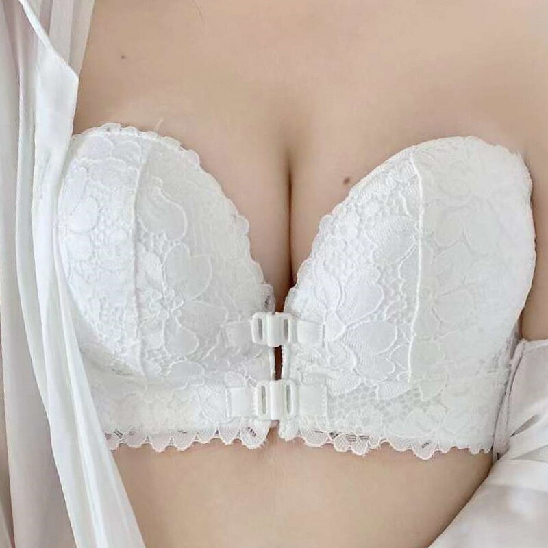 【喜挖】新品手掌杯雙前扣無肩帶防滑美背內衣蕾絲無鋼圈小胸聚攏上托文胸
