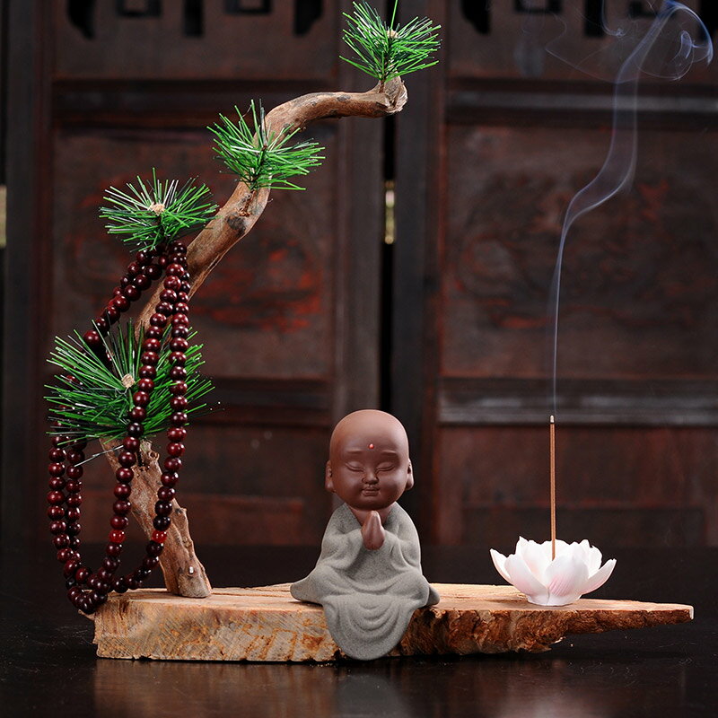 小沙彌家居擺件禪意小和尚陶瓷枯木逢春天然木風化木樹根雕工藝品