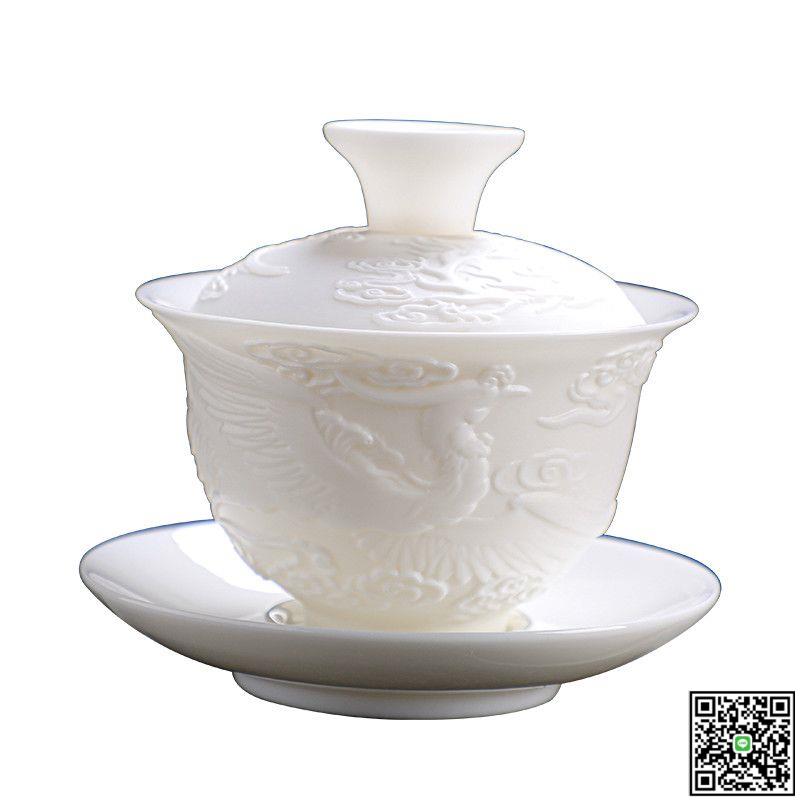 【龍鳳浮雕】三才蓋碗龍鳳蓋碗功夫家用泡茶碗單個羊脂玉白瓷茶具-UM.有米家居