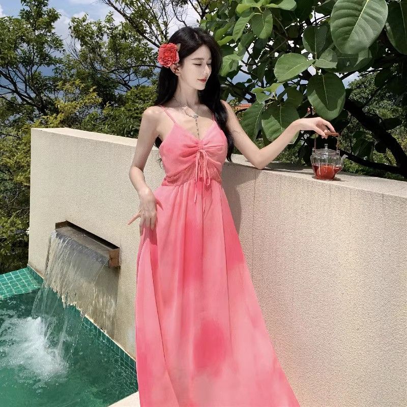 溫柔純欲性感顯白渲染粉色吊帶雪紡連衣裙法式氣質高級感度假長裙