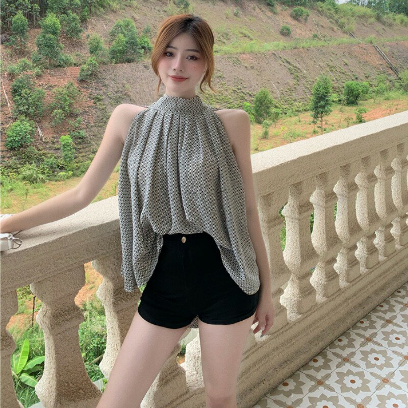 黛小姐：名媛露肩無袖襯衫夏季設計感小眾別致法式氣質掛脖上衣女