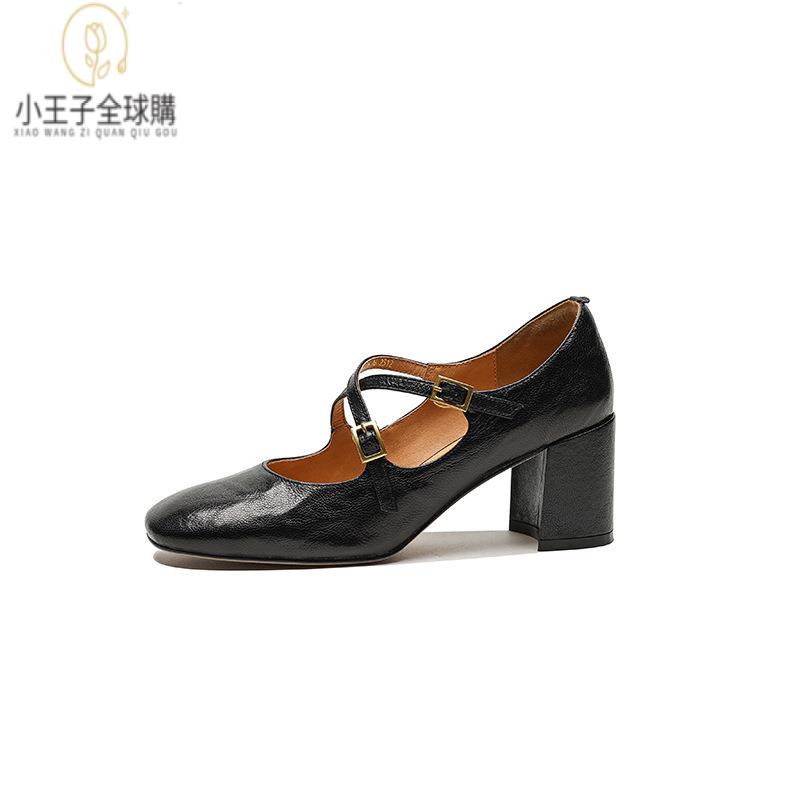 【公司現貨速發】免運 開發票 小短靴 堆堆靴 真皮女鞋 羊皮鞋 小皮鞋 樂福鞋法式方頭羊皮粗跟瑪麗珍鞋年春季新款復古交叉扣帶高跟鞋單鞋 定製