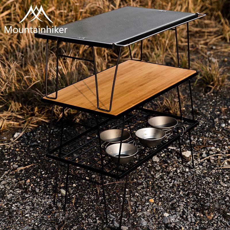 露營置物架 戶外便攜鋼網格黑化露營置物餐具架燒烤野炊多功能折疊餐桌