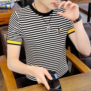 短袖T恤男夏季韓版修身條紋冰絲針織衫薄款歐洲站潮流蜜蜂刺繡t恤