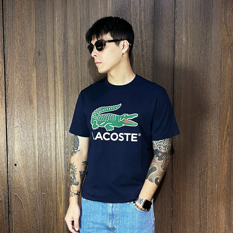 美國百分百【全新真品】Lacoste 短袖 棉質 T恤 鱷魚 上衣 T-shirt logo 短T 深藍 CW08