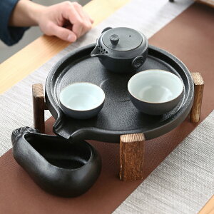 迷你石磨小茶盤陶瓷功夫茶具家用簡約托盤儲水干泡臺黑陶茶壺茶海