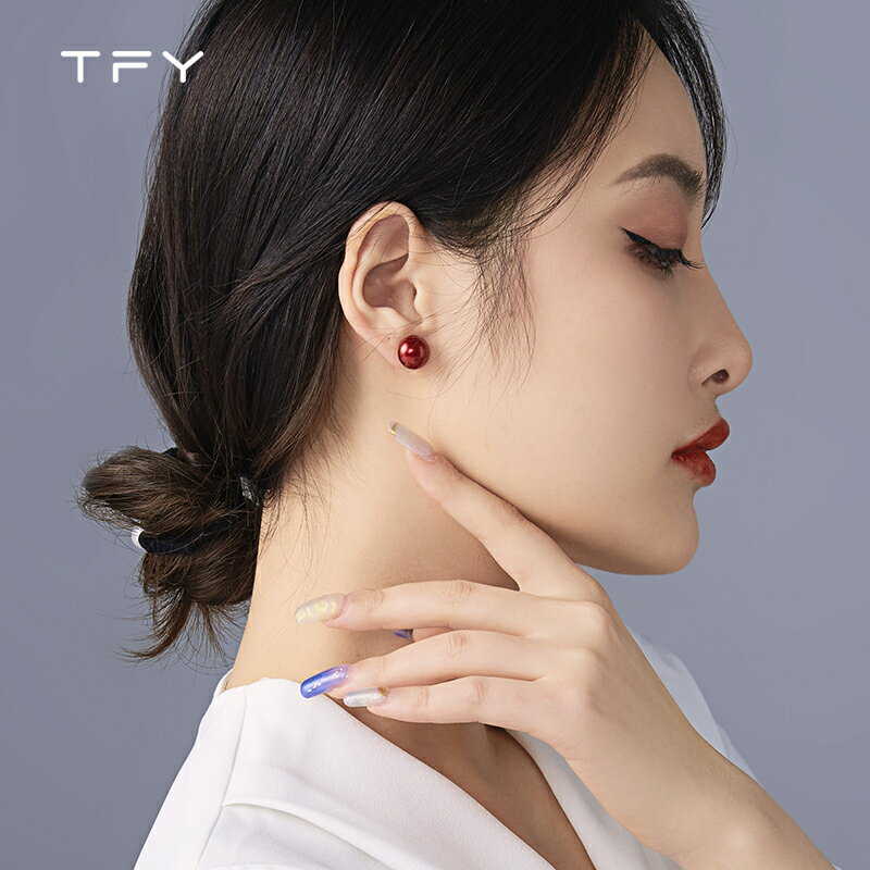 TFY法式紅色珍珠耳釘女年新款氣質復古網紅同款耳環高級耳飾