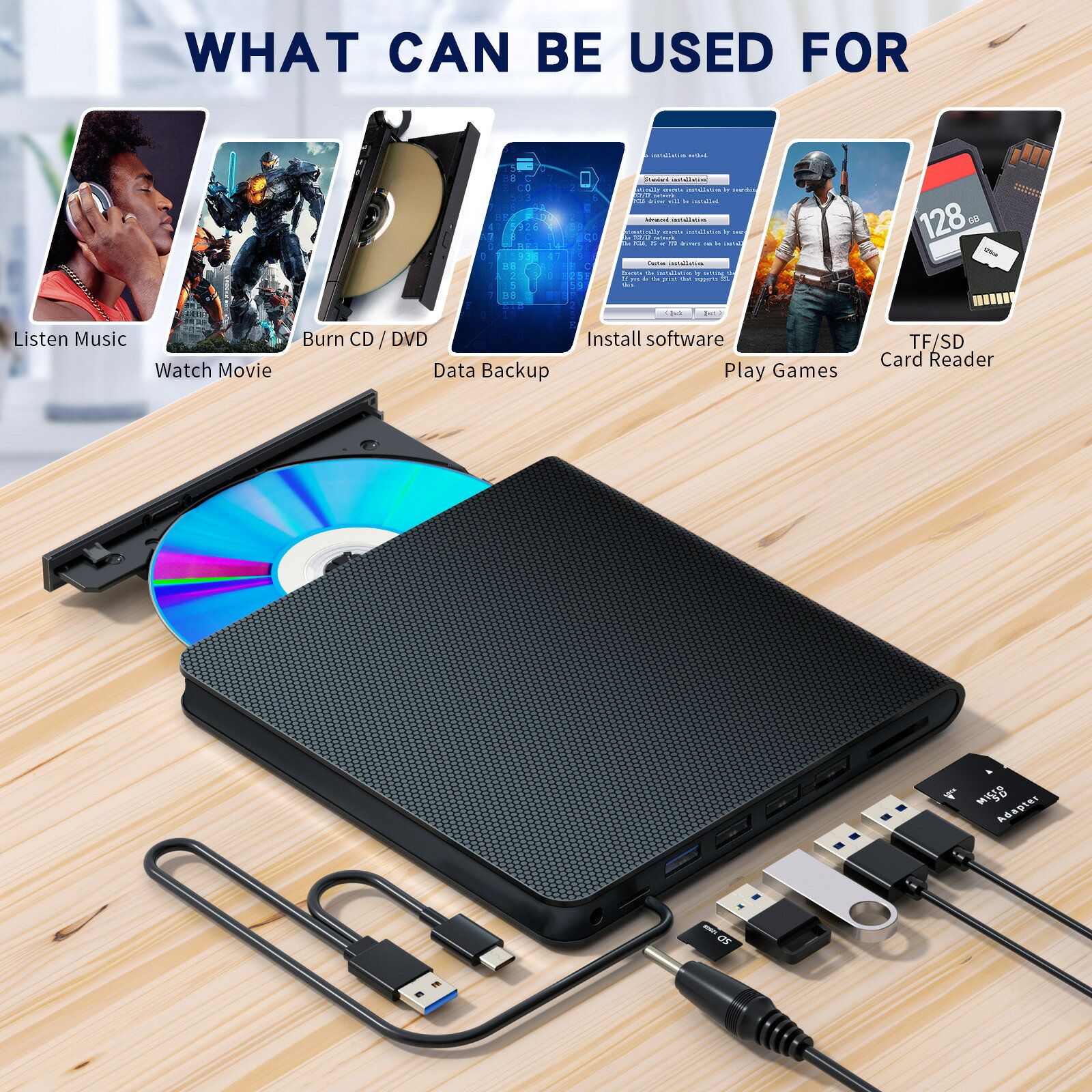 多功能typec外接dvd筆記本電腦刻錄機sd卡usb外接移動光碟機