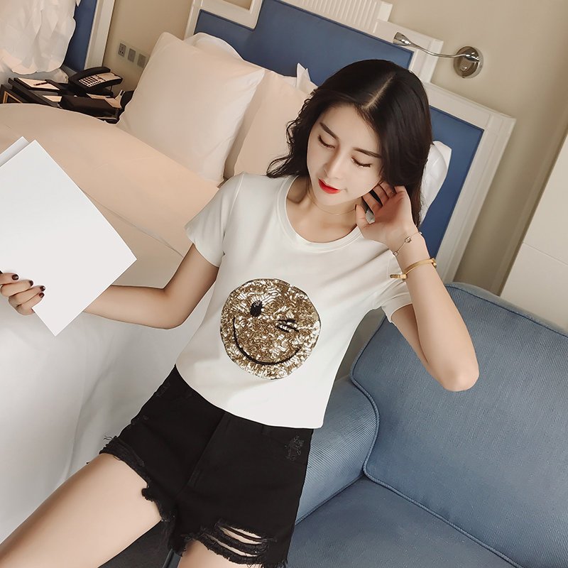 FINDSENSE G5 韓國時尚 白色 短袖 圓領 T恤 女 百搭 打底衫 上衣