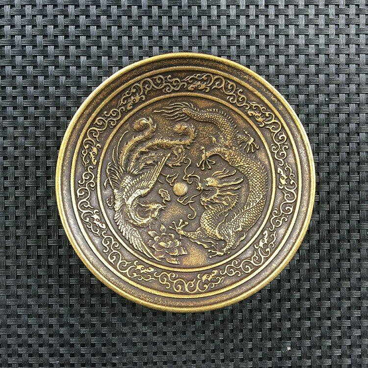 古玩雜項收藏復古銅器龍鳳碗龍鳳盤子碟子筆洗浮雕龍鳳盤子