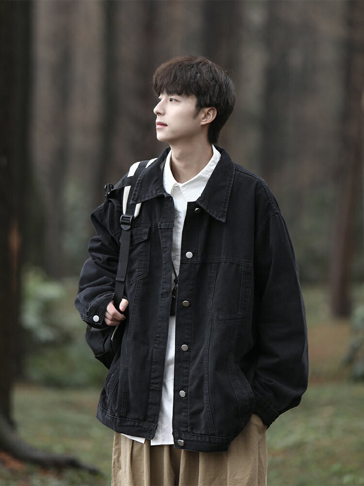 加絨黑色牛仔外套男秋冬季日系cityboy潮牌復古痞帥工裝夾克棉服【雲木雜貨】
