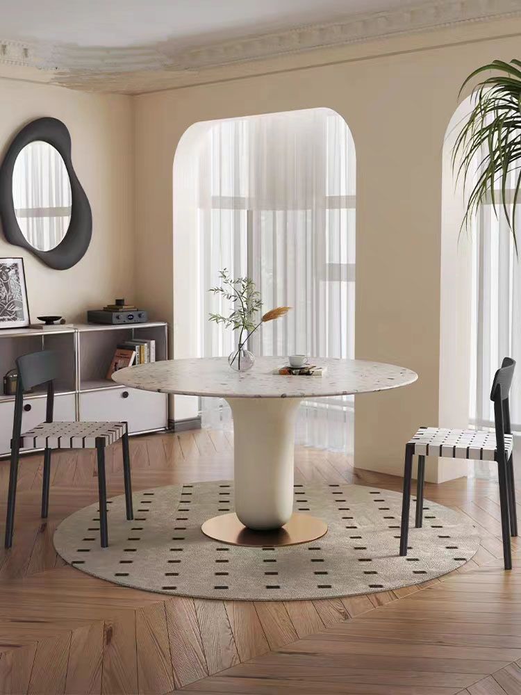 北歐輕奢水磨石圓形餐桌椅組合小戶型飯廳現代簡約實木烤漆飯桌子