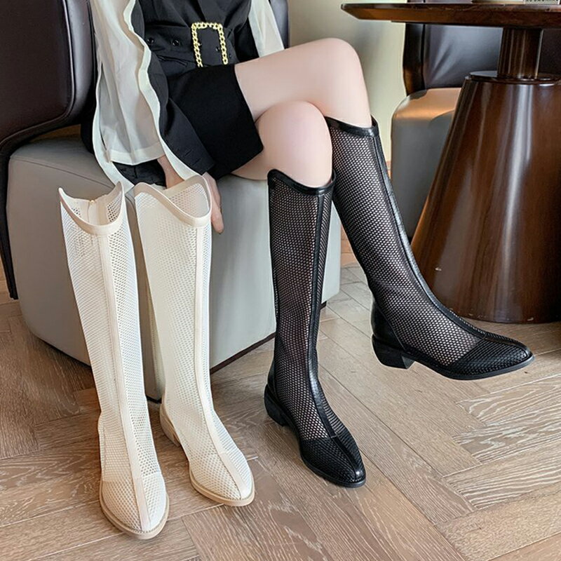 長筒靴女2021年夏季新款長靴薄款春秋高筒馬丁靴鏤空網靴網紗騎士