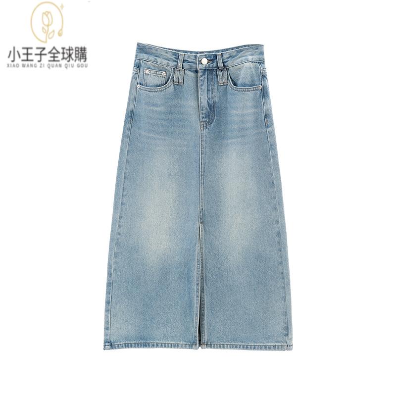 【公司現貨速發】免運 開發票 小王子女裝年夏季新款牛仔半身裙女 復古水洗牛仔藍A字顯瘦開叉半身裙女裝上衣 流行女裝 棉麻 早秋 日韓女裝