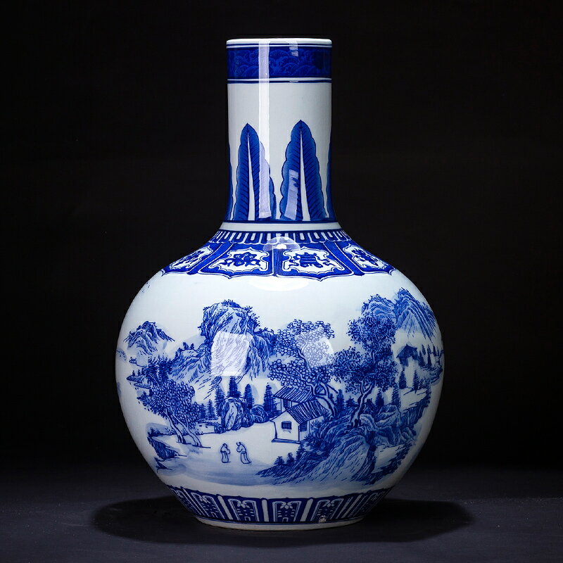 景德鎮陶瓷青花瓷山水花瓶擺件仿古中式家居客廳博古架裝飾品工藝