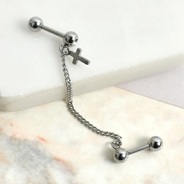 男生耳環 鍊條十字架鋼製水鑽雙耳針【ND845】