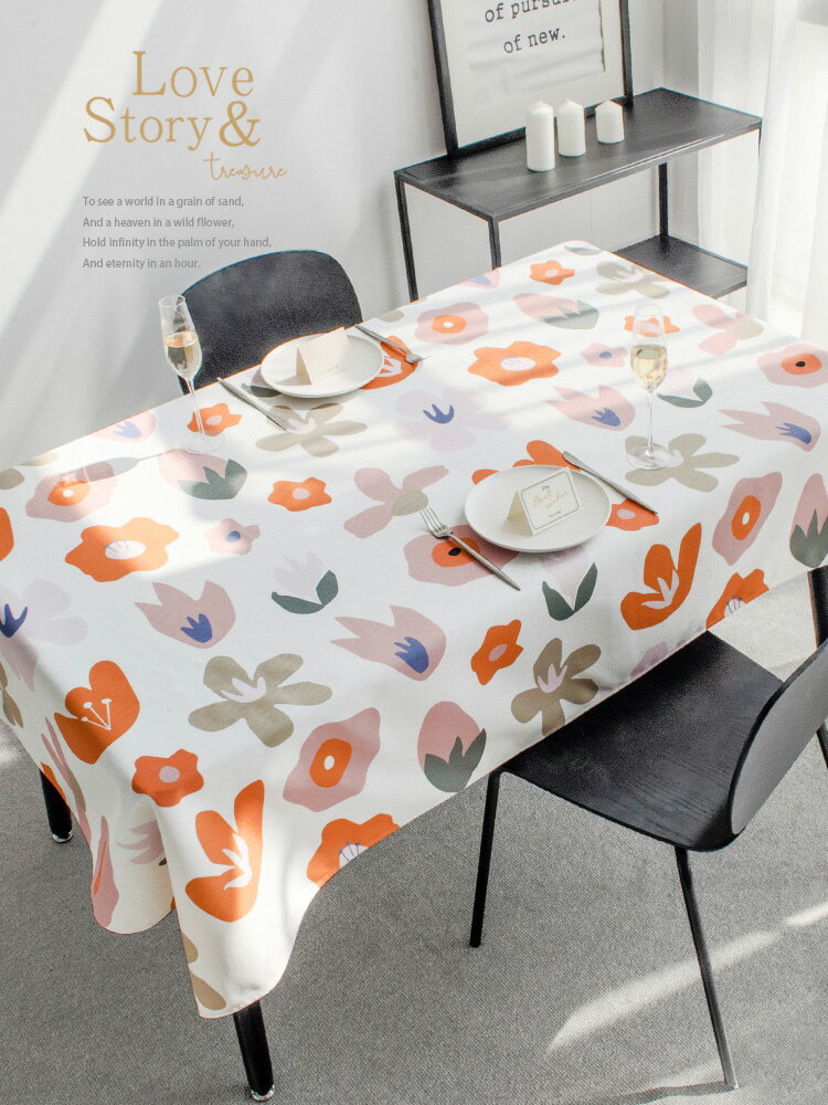 北歐抽象花朵系列布藝ins風餐桌布 (100*140cm) 防水防油免洗茶几餐桌長方形茶几布