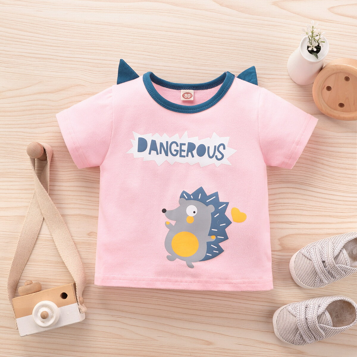 夏季新款A類短袖3歲其他卡通字母印花自帶耳朵粉色T恤韓范外貿款