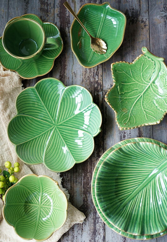 美式風格綠色陶瓷餐盤 芭蕉葉綠葉造型碗 創意擺盤托盤簡約餐盤 廚房小物 居家小物 家飾
