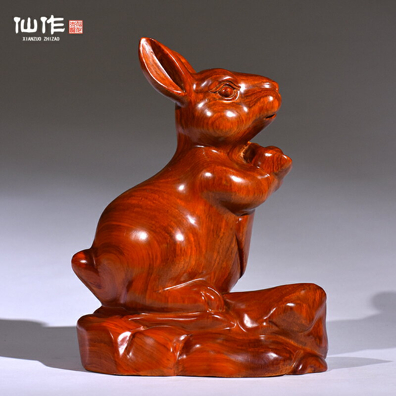黃花梨木雕兔子擺件招財十二生肖兔家居客廳裝飾品風水紅木工藝品