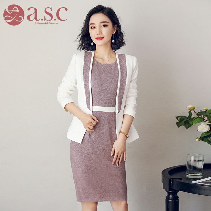OL必備 全家免運 時尚韓版雙色收腰顯瘦洋裝 西裝 套裝 白+紫