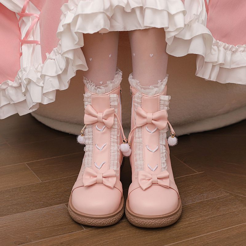 女裝鞋子 洛麗塔鞋 子冬季新款加絨棉鞋 lo靴子 粉色短靴 馬丁靴 學生少女