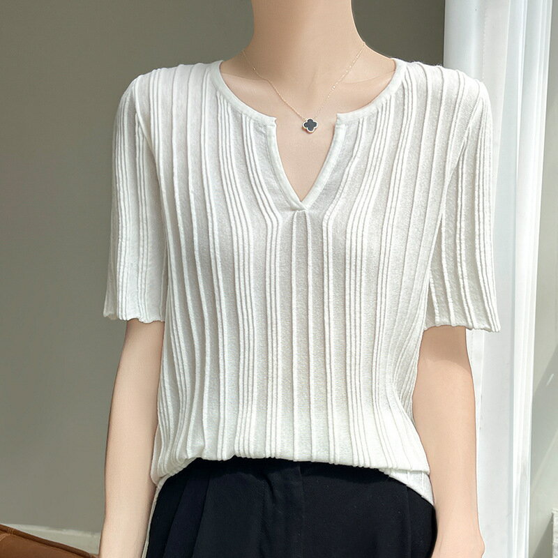 現貨+預購 針織衫短袖毛衣-設計感V領薄款T恤女上衣3色74lc60【獨家進口】【米蘭精品】