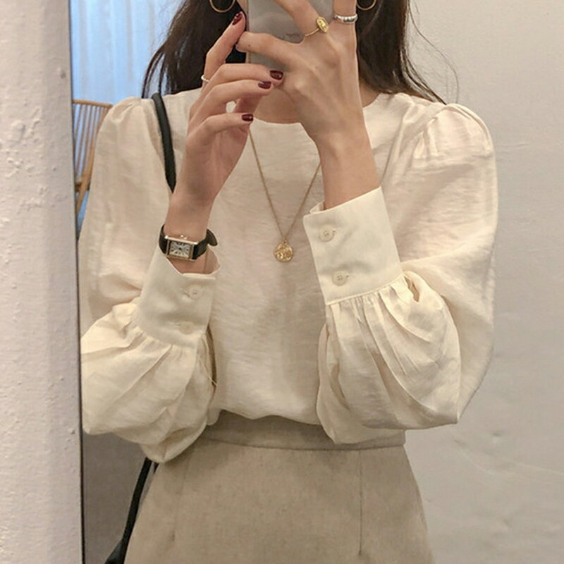 長袖T恤女春秋新款韓國設計感小眾雪紡打底襯衫法式泡泡袖上衣服