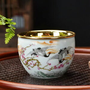 鎏金主人杯仙鶴茶杯黃金單杯陶瓷功夫茶具中式茶盞茶碗禮盒博德