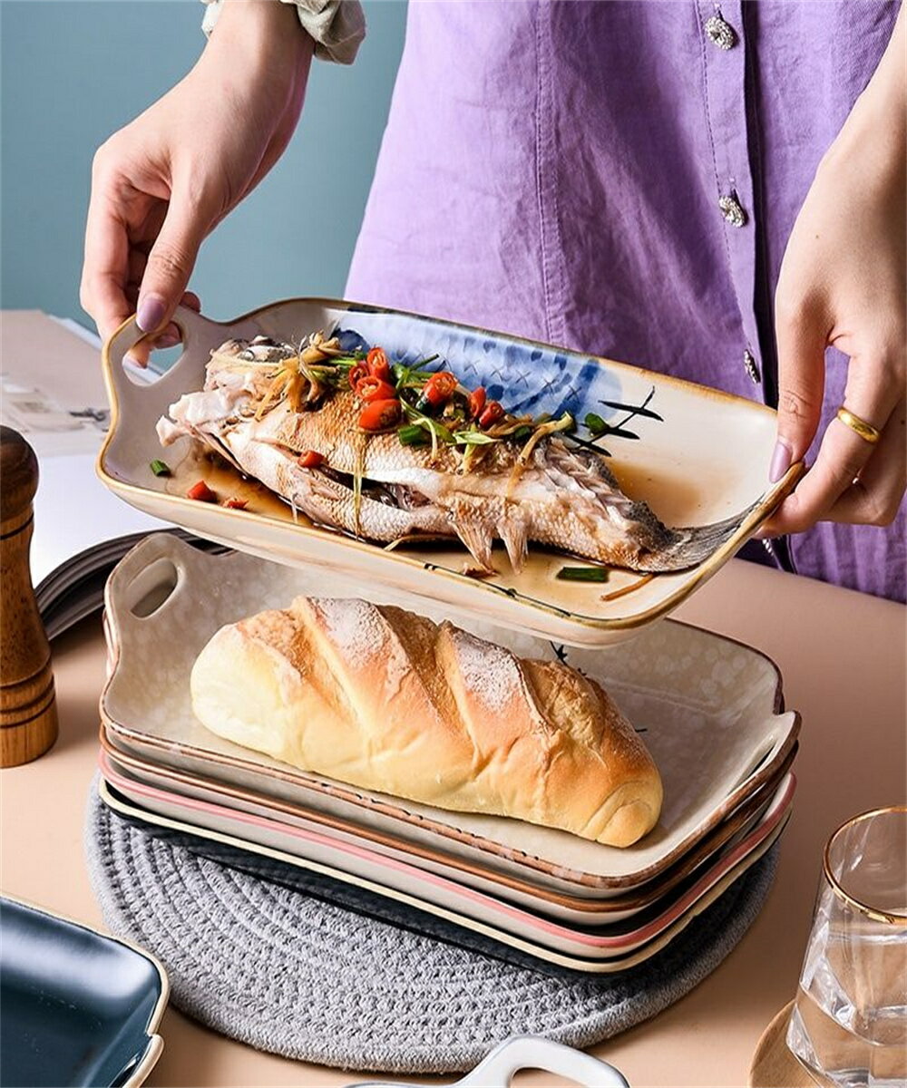 日式雙耳魚盤家用蒸魚盤子陶瓷新款大號創意個性好看菜盤子長方形