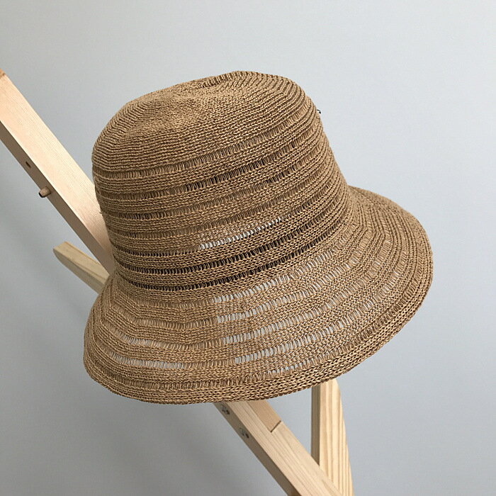 韓國簡約棉紗草繩混鉤針草帽女可折疊海邊沙灘夏季防曬遮陽漁夫帽1入