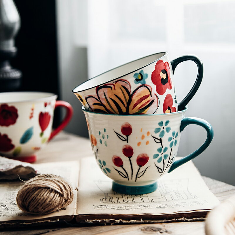 北歐ins陶瓷手繪彩色花朵小清新大容量早餐牛奶泡茶杯情侶馬克杯
