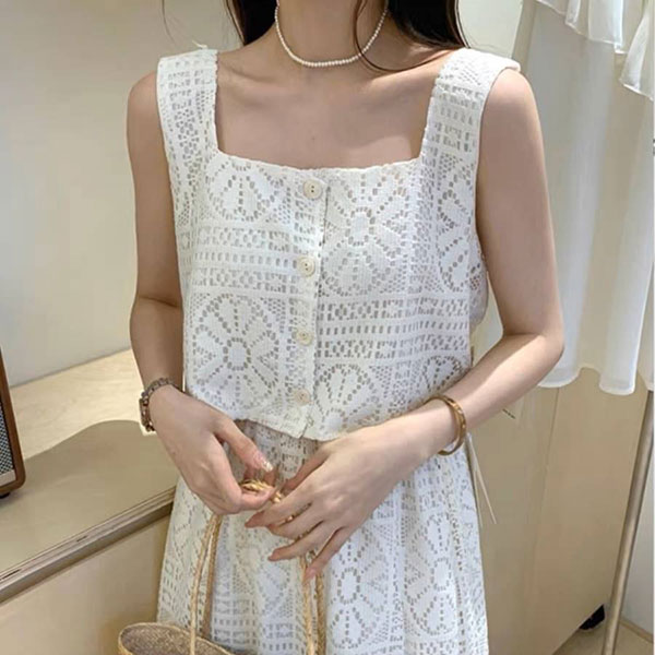 ANNAS 正韓 特價 單品實拍 重工蕾絲流蘇套裝 無袖長洋裝 蕾花 法式浪漫氣質婚禮穿搭 性感度假海島穿搭 韓國 5